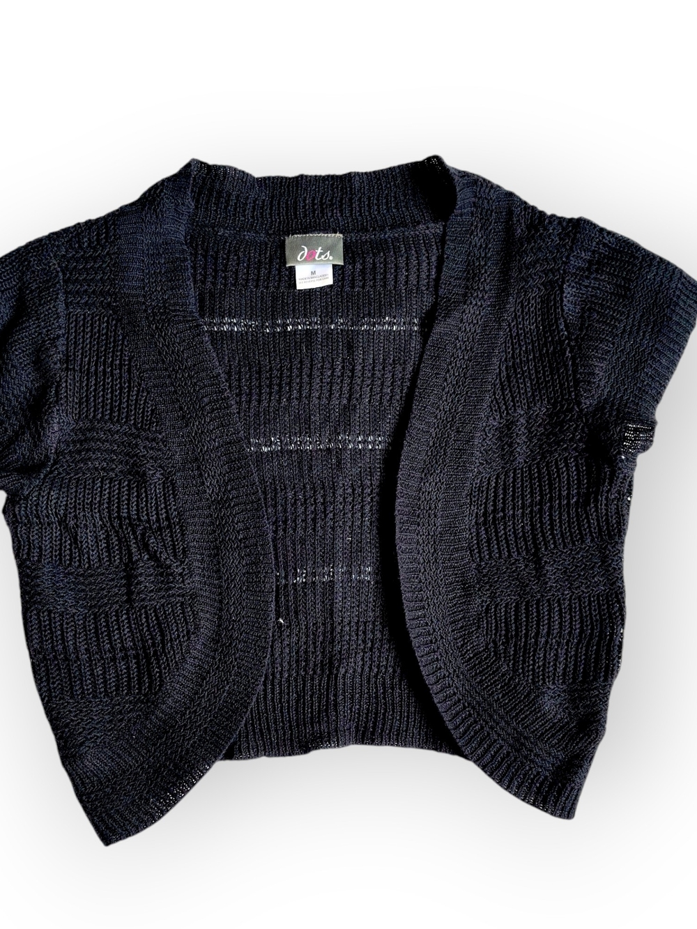 Dots Black Open-Front Short Sleeve Knit Cardigan